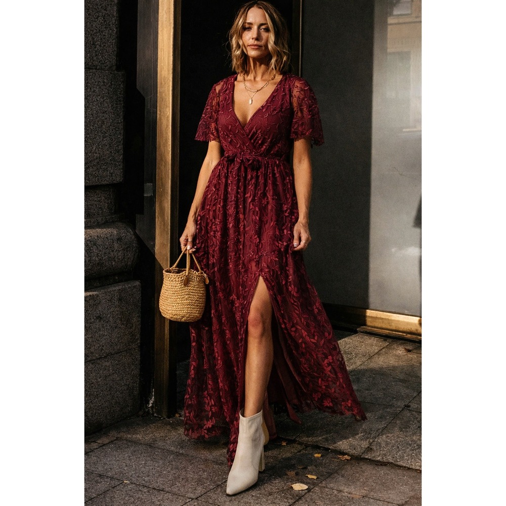 Baltic Born Marseilles maxi dress size XS burgundy embossed lace slit